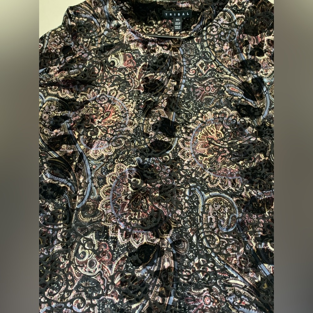 TRIBAL Women’s Elastic Velvet Top With Bell Style Sleeves -Size:S | Black Chrome - Picture 6 of 6